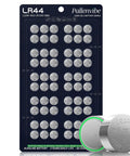 Sixty Pack LR44 Batteries Plus AG13 A76 L1154F SR44 Button Cells in a tray with individual batteries visible.