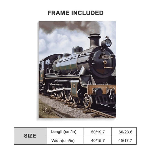 Steam Locomotive Train Poster On Cotton And Linen Hanging Wall Decor For Living Room And Bedroom Modern Framed Artwork With Rich Colors Durable Print Perfect Gift For Train Fans And Vintage Home Decor. Detailed train illustration with size dimensions shown.