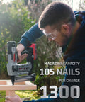 Kickass Cordless Brad Nailer Kit Cruises Through 18 Gauge Trim Work, user demonstrating with magazine showing 105 nails.