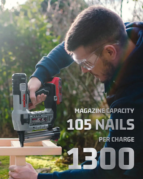 Kickass Cordless Brad Nailer Kit Cruises Through 18 Gauge Trim Work, user demonstrating with magazine showing 105 nails.