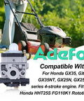 Honda 9 In 1 Carburetor Kit With Gasket Fuel Filter Air Filter Spark Plug And Primer Bulb Replacement Parts For GX35 GX25 FG110 HHT25 HHT35 Rototiller Trimmer And Lawn Mower, with image of lawn mower and carburetor close-up