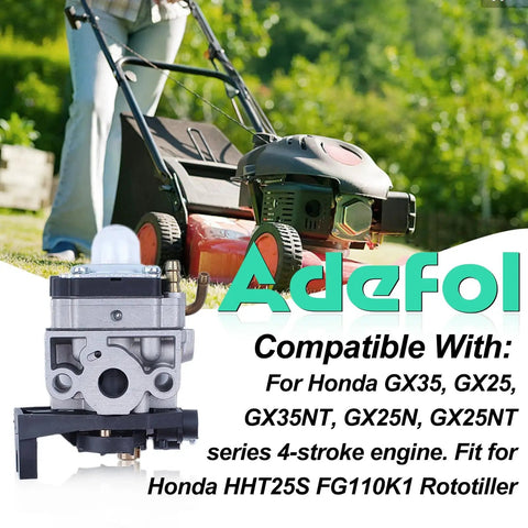 Honda 9 In 1 Carburetor Kit With Gasket Fuel Filter Air Filter Spark Plug And Primer Bulb Replacement Parts For GX35 GX25 FG110 HHT25 HHT35 Rototiller Trimmer And Lawn Mower, with image of lawn mower and carburetor close-up