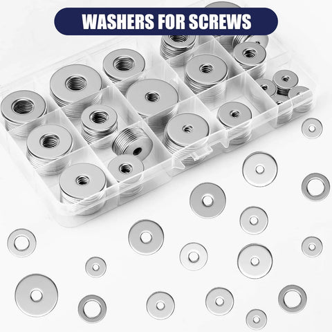 304 Stainless Steel Flat Washers Kit, 200 Pieces in 15 Sizes from M3 to M12, visible in compartment box and individual washers