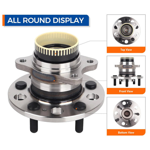 Set Of 2 Rear Wheel Bearing Hub Assemblies With ABS For Hyundai Azera Sonata Tucson Sportage And Kia Cadenza Optima Rondo, 5 Lug, Drop In OEM Replacement, Plug And Play Design For Quick Installation showing top, front, and bottom views