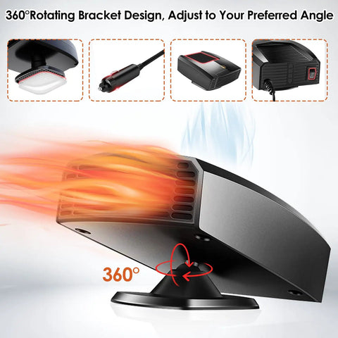 Keeping The Chill At Bay While Driving This Portable 12V 200W Car Heater Plugs Straight Into Car Power Outlet Doubling As Rapid Windshield Defroster And Defogger With 360 Rotating Head For Cars Trucks And Suvs, showing 360 rotating bracket and airflow.