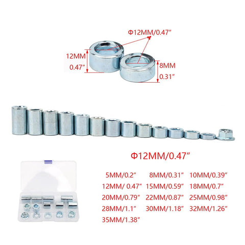 Industrial Steel Spacer Sleeve Bushings Kit, 13 Piece Set, Fits 12 Millimeter Classic Axle, One Half Inch Inner Diameter by Three Quarter Inch Outer Diameter, Silver Finish, Built Tough for Long Lasting Performance. assorted steel bushings with case
