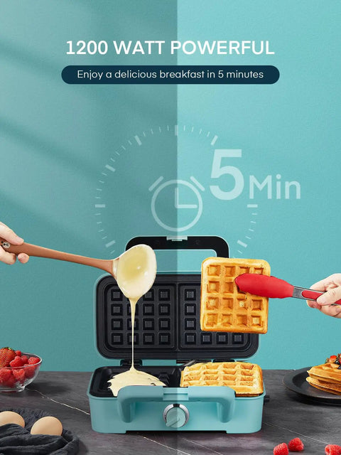 All-In-One Waffle Maker And Panini Press With Removable Plates, 1200W Powerhouse Fast Heating, 5 Min Cooking, Blue, in use