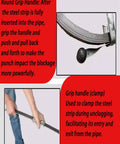 Heavy Duty Steel Main Line Drain Auger Manual Plumbing Snake Bust Through Grit And Blockages In Kitchen Bathroom And Shower With Durable Steel Cord showing round grip handle details.
