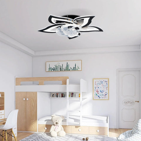 5 Pc Ceiling Fan with Lights Remote Control 24 inch Black 6 Speeds 3 Light installed in a child's bedroom with bunk beds.