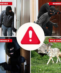 Collage of thieves, robbers, criminals, and wild animals posing threats with warning sign in the center.