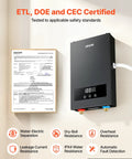 8KW Tankless Electric Water Heater 240V Instant Hot Water System NoFuss Wall Mount showing ETL certification and safety features.