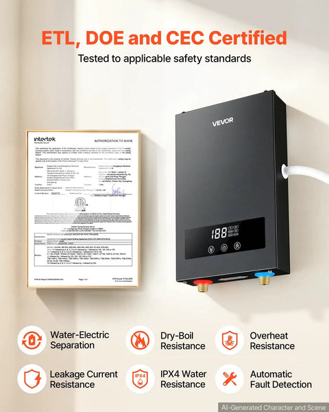 8KW Tankless Electric Water Heater 240V Instant Hot Water System NoFuss Wall Mount showing ETL certification and safety features.