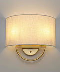 Vintage Linen Fabric Brass Gold Wall Sconce Light for Hallway, Bedroom with round shade, measuring 14in L x 7.88in W.