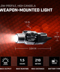 Diagram of TLR RM 1 500 Lumen Low Profile Rail Mounted Tactical Light with dimensions and specifications displayed.