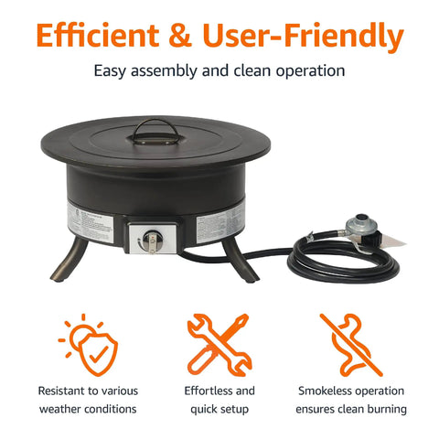Portable Propane Fire Pit 19 Inch Round For Patio With 55,000 BTU Heat And Ambience Carry Strap Includes Burner Lid and Gas Hose