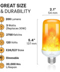 Orange LED Lit Flame Bulbs With Four Modes Indoor Outdoor Use 3W E26 E27 2 Pack displaying size and specs