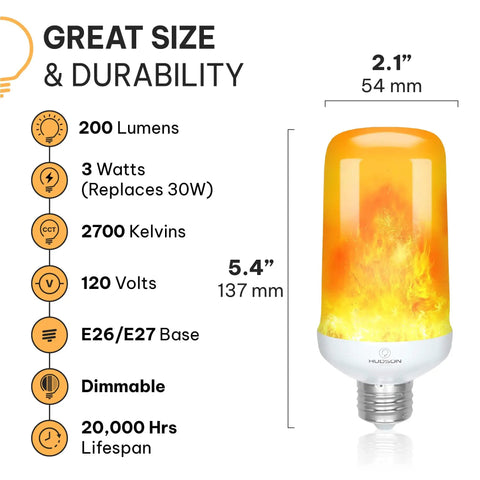Orange LED Lit Flame Bulbs With Four Modes Indoor Outdoor Use 3W E26 E27 2 Pack displaying size and specs