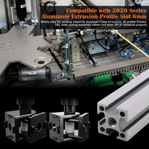 4 Pack 2020 Series Aluminum Extrusion Profile Connectors With 180 Degree Adjustable Pivot Brackets And Handles M6 X 1.0 Screws Nuts And Tap Bits For 6mm T Slot And 20 By 20 Aluminum Rails Black, shown on 2020 extrusion frame