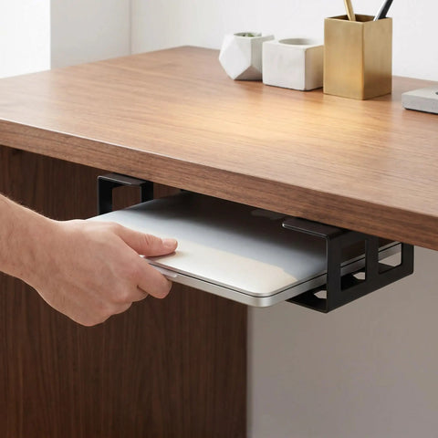 Hand placing a laptop into a Heavy Duty Metal Under Desk Laptop Holder Rack 2 Pack, showcasing iron bracket design.