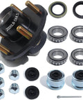 Trailer Hub Kit Five Lug Four Point Five Inch For Two Thousand Pound EZ Lube Axle Fits One Inch And One Sixteenth Inch Straight Spindle Five By Four Point Five Bearing And Seal Set For Easy Wheel Hub Replacement, components displayed.