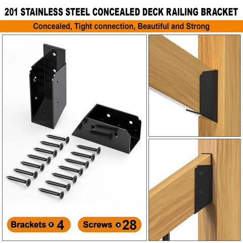 30 Degree Stair Railing Brackets For 2x4 Wood Posts Stainless Steel Deck Connector Fits Actual 1.5x3.5 Railing Posts Hidden Mount With Coated Wood Screws Black 2 Pair Beefy Heavy Duty