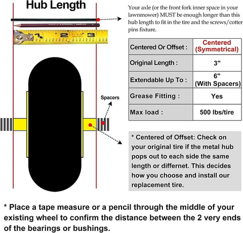 Diagram showing Beefed Up Knobby Flat Free Wheelbarrow Wheels 4.80/4.00-8 Universal 15 Inch with hub length and grease fitting details.