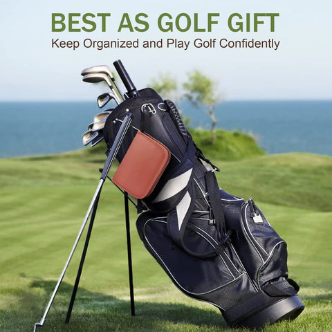 Golf bag with clubs and leather case on course, part of All In One Golf Accessories Kit With Premium Leather Case And Gift Box, Golf Balls, Rangefinder, Tees, Brush, Multifunctional Divot Knife, Scorer, And Ball Clamp For Men And Women