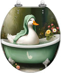 Toilet Seat Resin for Bathroom with a whimsical duck in a bath, featuring floral design, dimensions 14-15 inches wide.