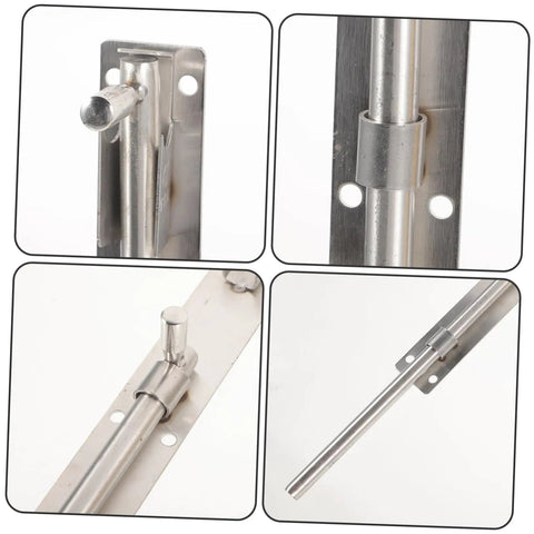Heavy Duty Stainless Steel Sliding Gate Latch And Barn Shed Door Security Bar showing detailed close-ups of locking mechanism and rod.