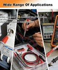 Pro Grade 49 Inch Silicone Multimeter Lead Kit With Gold Plated Probes, Alligator Clips And 0.8mm Back Probe Needles, CAT III 1000V 20A Safety Tested shown in use for circuit testing