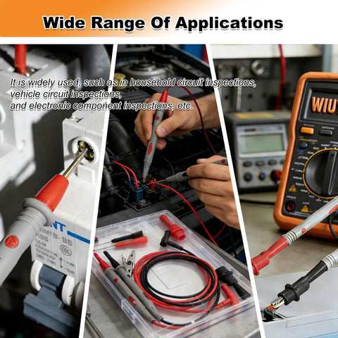 Pro Grade 49 Inch Silicone Multimeter Lead Kit With Gold Plated Probes, Alligator Clips And 0.8mm Back Probe Needles, CAT III 1000V 20A Safety Tested shown in use for circuit testing