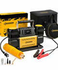 Heavy Duty 12V Air Compressor For 4X4 Trucks Portable Dual Cylinder Tire Inflator With 150 Psi Output And LCD Panel, yellow and black design.