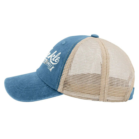 Side view of Cool Uncle Club EST 2026 Like A Dad But Cooler Mesh Snapback Hat For Women Adjustable Trucker Cap Lake Blue