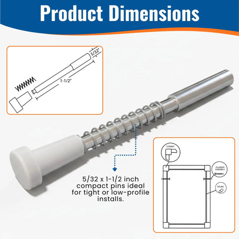 Top Drawer Window Screen Plunger Latches And Metal Pins Quick Swap For Worn Out Screens 5/32 X 1 1/2 Inch detailed dimensions and features.