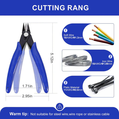 Two Pack Wire Cutters Set 5 Inch Micro Cutter And 6 Inch Heavy Duty Diagonal Cutter with dimensions and cutting range