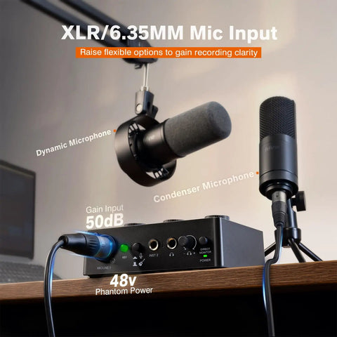 PC Audio Mixer USB Interface For Streaming And Podcasting With XLR and 6.35MM Mic Inputs highlighting 48V Phantom Power