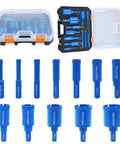 Real Heavy Duty 12 Piece Diamond Hole Saw Kit For Tile Concrete And Marble Offers Fast Dry Cutting With Hex Shanks And Tough Carry Case featuring blue diamond bits.