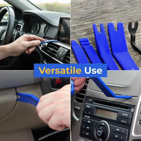 5 Piece Auto Trim Removal Tool Kit For Dash And Door Panels Non Scratch Nylon Pry Tools shown in versatile use