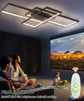 Family in living room with dimmable black LED ceiling light with remote control, modern square flush mount, 62W, 35.4 inch.