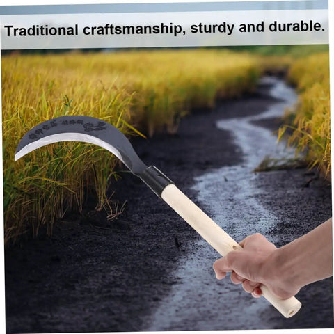 Hand holding Durable Manganese Steel Scythe Long Hand Hoe For Garden Weeding Heavy Duty Yard Work Tool with sharp edge in field