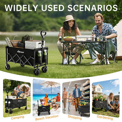 Collapsible Wagon Cart With All Terrain Wheels Foldable Beach Grocery Cart in multiple outdoor settings, emphasizing versatility.