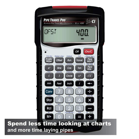Pipe Trades Pro Advanced Layout And Design Calculator For Pipefitters Steamfitters Sprinklerfitters And Welders With Built In Data For Seven Materials Plus, front view showing buttons and display.
