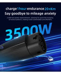 Sleek Portable Ev Charger With Type 2 Connector And EU Plug Brings Smooth Plug And Play 16a 3kilowatt Charging For Electric Vehicles Includes 5 Meter Cable Digital Display And Smart Temp Leakage Protection For No Sweat Drives close-up of charging connector and digital display on a blue background.