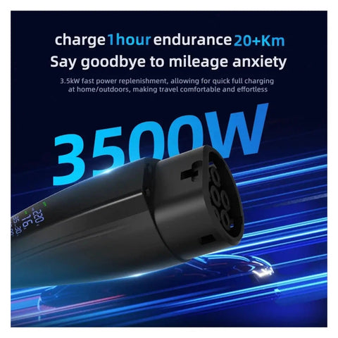 Sleek Portable Ev Charger With Type 2 Connector And EU Plug Brings Smooth Plug And Play 16a 3kilowatt Charging For Electric Vehicles Includes 5 Meter Cable Digital Display And Smart Temp Leakage Protection For No Sweat Drives close-up of charging connector and digital display on a blue background.