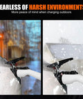Portable Level 2 EV Charger 50 Amp 240 Volt Nema 1450 Plug With 25 Foot Cable in rain and snow showcasing outdoor durability.