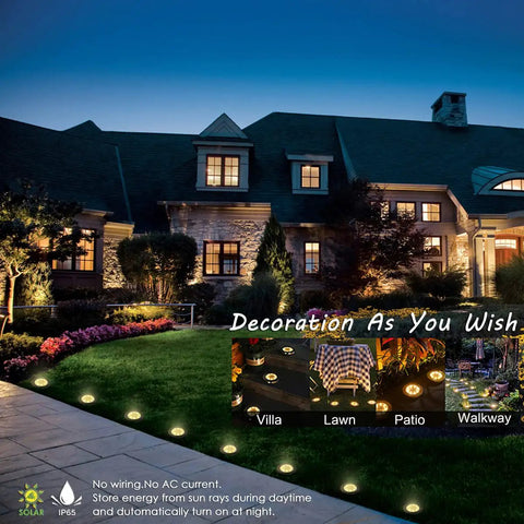 12 Pack Solar Ground Lights For Outdoor Garden In Ground Disk Landscape LED Lights on a house pathway at night