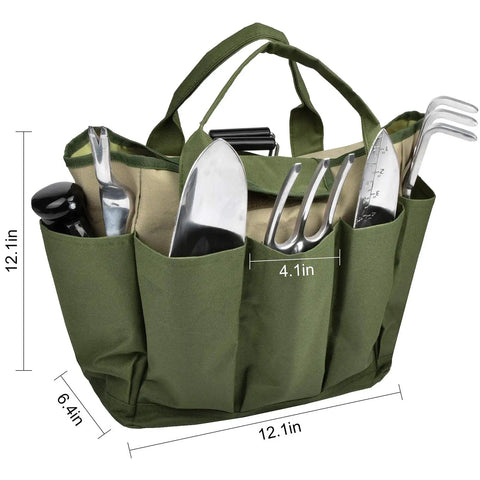 Heavy Duty Canvas Garden Tool Bag With Eight Pockets, Large Tote Organizer for Tools, 12x6.4x12 in, with garden tools displayed