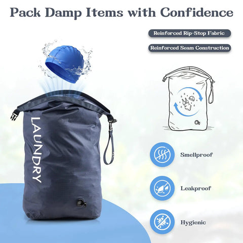 Travel Laundry Bag With Vacuum Compression For Dirty Clothes, Waterproof Wet Dry Storage, showing reinforced seams and valve.