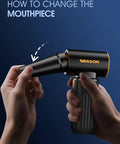 Hands demonstrating how to change mouthpiece on Powerful Cordless Air Duster With Brushless Motor 260000 RPM 3 Speed Adjustable Rechargeable Dust Cleaner