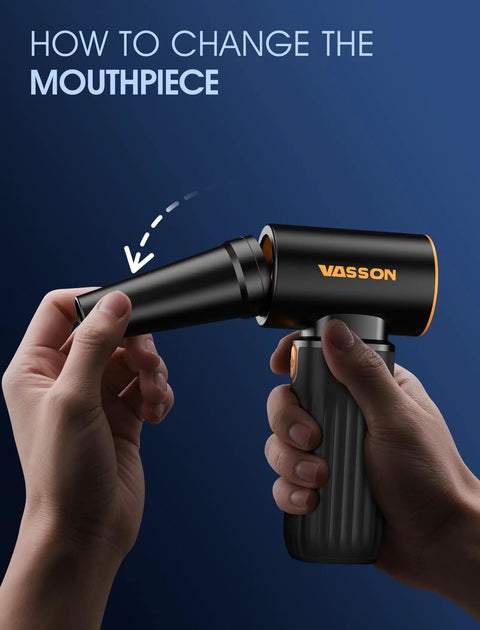 Hands demonstrating how to change mouthpiece on Powerful Cordless Air Duster With Brushless Motor 260000 RPM 3 Speed Adjustable Rechargeable Dust Cleaner